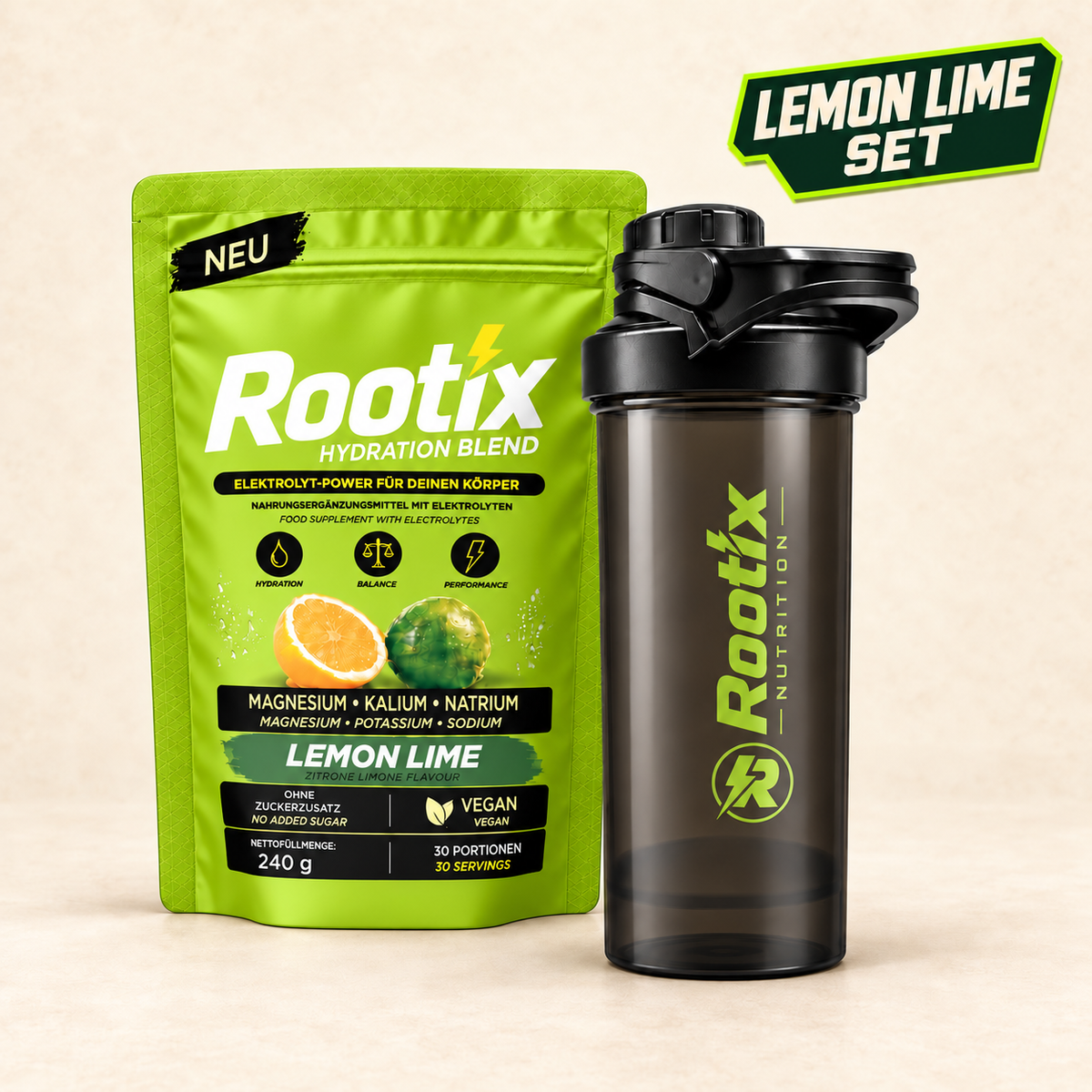 Rootix Lemon Lime Set – Hydration Blend 240 g + Shaker